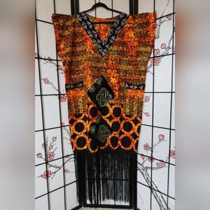 African Ankara Orange Black Bubu Kaftan Gown Rhinstones Wide Large NWOT